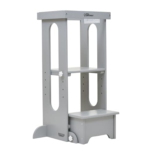 Little Partners Foldable Toddler Tower, Learning Tower Explore 'N Store Montessori Standing Kitchen Tower with Folding Step Stool Platform for Cooking and Learning, Ages 2+ (Silver Drop)