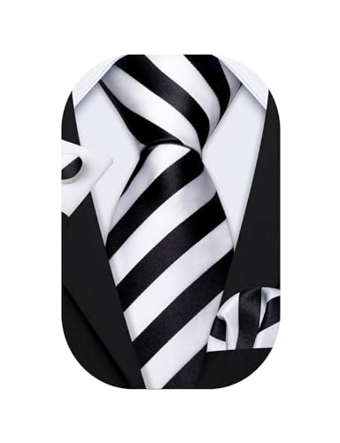 Image of Barry.Wang Man Stripe Ties Set Silk Woven Pocket Square Necktie Cufflinks Formal Party Business