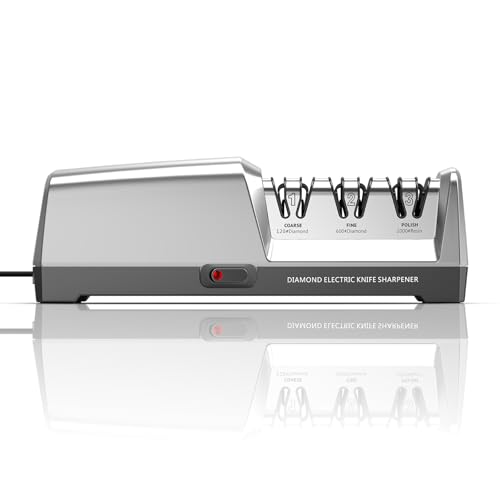 OEC-T5 Electric Knife Sharpener, Professional 3-Stage Electric Knife Sharpeners with Precision Angle Guide and Diamond Abrasive for Straight Edge, Kitchen Knives, Ceramic Knives. Silver