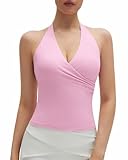 SUUKSESS Women Halter Tank Tops Deep V Neck Wrap Workout Crop Tank Top Padded Sports Bra Gym Camisole (Light Pink, M)