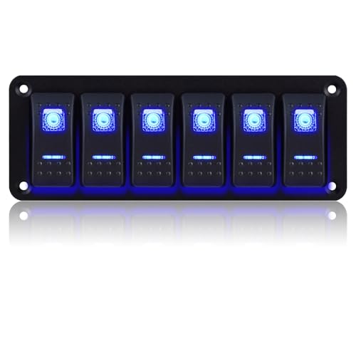 GGTA 6 Gang Aluminum Rocker Switch Panel Toggle Dash 5 Pin ON/Off 12V/24V Rocker Switch Panel Car Boat Switch, Blue LED Pre-Wired Switch Panel for Marine Boat Automotive Car RV Truck Vehicles