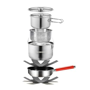 Camping Cookware Set 304 Stainless Steel Cooking Pots Pan Set with Travel Tote Bag for Camping Outdoor Kitchen Cooking Picnic for 4-6