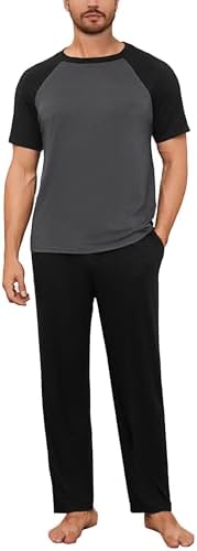 Bresdk Schlafanzug Herren Lang Pyjama Set Baumwolle Warm Zweiteilige Kariert Nachtwäsche mit Kurzarm Oberteil und Lange Pyjamahose