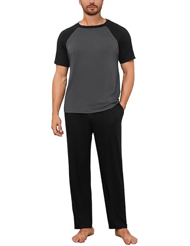 Bresdk Schlafanzug Herren Lang Pyjama Baumwolle Zweiteiliges Set Kurzarm Shirt Lange Pyjamahose Sommer Nachtwäsche für Männer