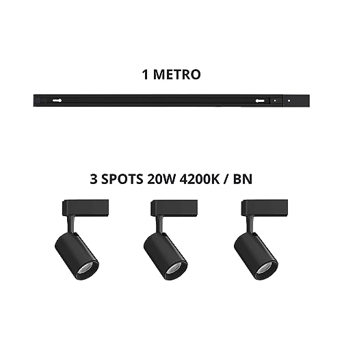 Kit Trilho Eletrificado Preto 1 metro + 3 Spots 20w Bivolt (4200k - Branco Neutro)