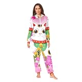 RPLIFE Cute Maneki Neko Pink Adult Onesie Pajamas, Soft Plush Christmas Jumpsuit Loungewear for Men Women, X-Large