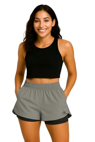 Image of Women's 2-in-1 Running Shorts | Quick-Dry Double Layer Gym Workout Shorts | Inner Compression Liner + Pockets | Lightweight Breathable Athletic Sports Shorts for Training Yoga