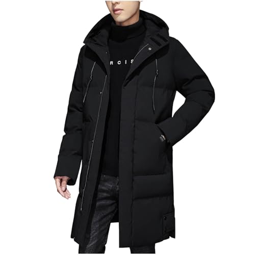 Image of RLEHJN Longline Puffer Jacket Mens, Winter Coats for Men Outdoor Down Jackets with Pockets and Hood Long Puffer Coat Full Zip Hoodies Warm Solid Color Hooded Outerwear for Travelling, Walking M-4XL