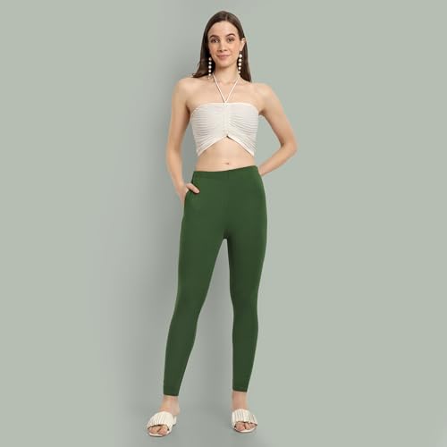 Image of ONE SKY Women Ankle Length Leggings | Premium Cotton Modal Spandex Blend | High Waist Stretchable & Bio-Washed Fabric | Colour-Lock | Ethnic Leggings for Women