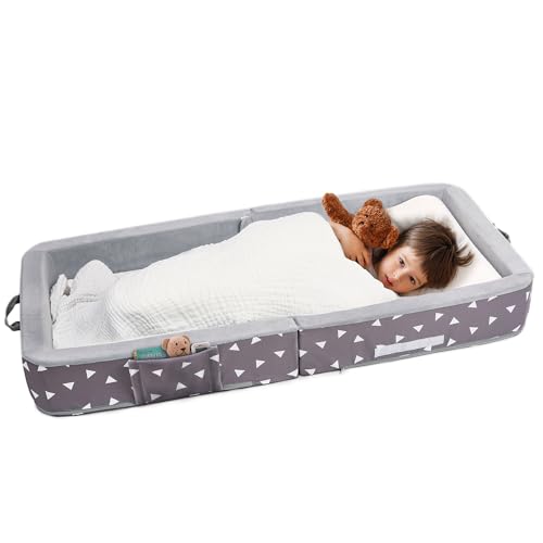 Mooedcoe Portable Foldable Toddler Travel Bed with Sides, Folding Toddler Bed for Travel Kid Foam Sleeping Cot (Rectangular, Triangle)