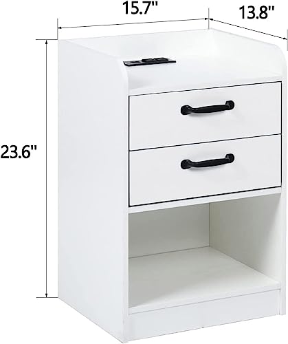 White Nightstand Set Of 2 With Charging Station And Led Lights, Modern End Side Table With 2 Drawers And Open Storage For Living Room, Night Stands For Bedrooms Set Of 2 White #TOP2