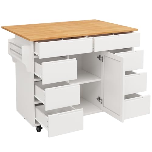 boorbin Isla de cocina moderna, armario de cocina, carrito de cocina extensible con ruedas y encimera, carrito de servir con estante para especias y 8 cajones (blanco) - imagen 6