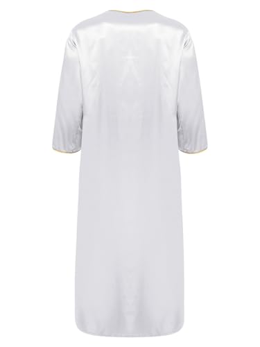 Sywiyi Men's Arabian Thobe Muslim Long Satin Shiny Metallic Gold Trim V-Neck Open Front Robe Eid Wedding Gown2