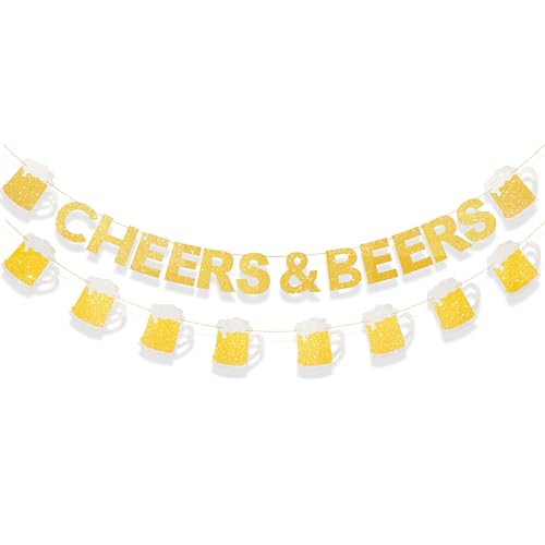 Chanaco Cheers and Beers Banner Olympics Decorations Beer Themed Party Accessories for Birthday Bachelor Olympics Oktoberfest Retirement Gold Yellow Glitter Mug Pennant Shape Supplies (gold white)