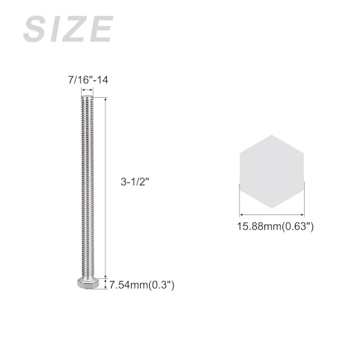 Image of METALLIXITY Hex Head Bolts (7 /16-14 x 3-1 /2 inch) 6Pcs, 304 Stainless Steel 18-8, Fully Threaded, External Hex Drive, Plain Finish, Hex Head Screw Bolt, Silver