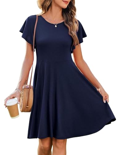 Zeagoo Summer Dresses for Women UK Casual Crew Neck Short Sleeve Midi Dresses with Pockets Navy M