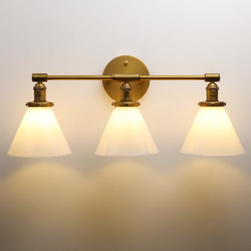 Image of Vintage Industrial 3-Light Bathroom Vanity Light with Milk Glass lampshade - Antique Brass Wall Sconce for Over Mirror, E26 Socket, Dimmable Compatible, Hardwired Installation