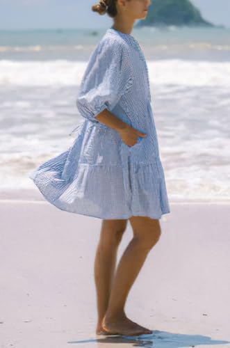 chouyatou Women's Summer V-Neck Casual Striped Midi Shirt Dress Tiered Boho Beach Tunic Babydoll Dress3