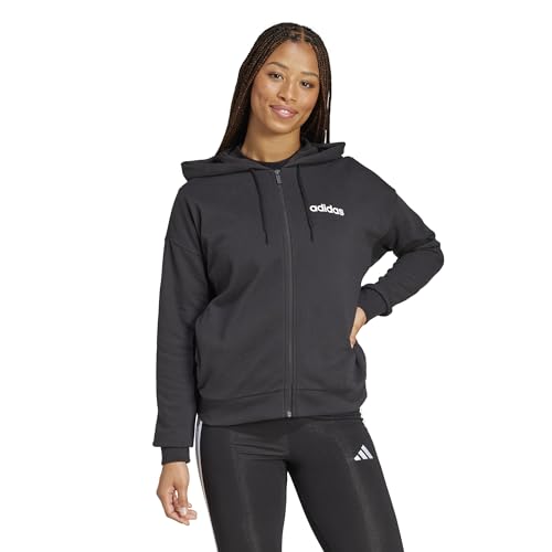 adidas Women's Essentials Linear Full Zip French Terry Hoodie, Black/White, X-Small