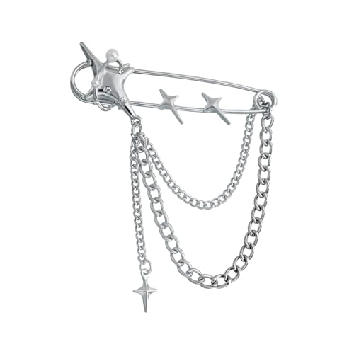 Image of Punk Gold Silver Star Moon Tassel Chain Brooch Sweater Shawl Clips Collar Pin for Women Safety Chain Tassel Broochs