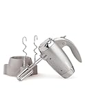 BETTY CROCKER Hand Blender 7 Speed, 250 Watt Electric Mixer with Beaters and Dough Hooks, Ergonomic Electric Hand Mixer for Home & Kitchen with Stand and Soft Touch Handle, Silver