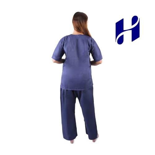 Image of Comfort Scrub Suit for Women - 5-Pocket Set with V Neck Top & Bottom, Half Sleeves, Breathable Fabric - Durable Uniform for Doctors, Nurses, and Dentists in Navy Blue (XL, NAVY BLUE)