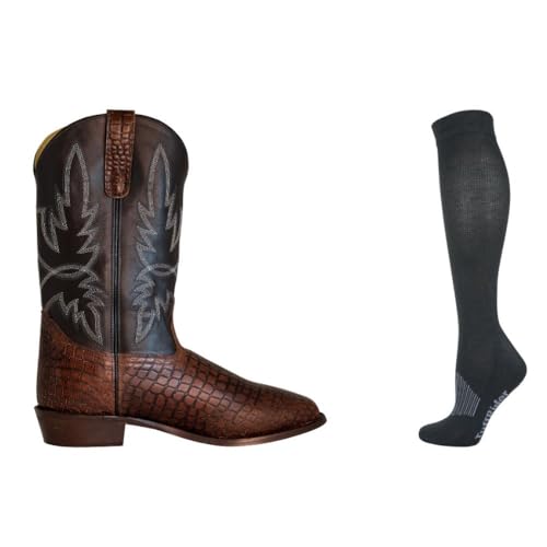 TuffRider Men's Grant Wide Square Toe Western Boot- Brown- With Free Assorted Striped Socks