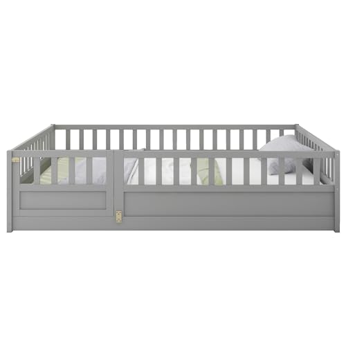 Image of Bellemave Full Size Kids Montessori Floor Bed,Solid Wood Floor Bed Frame with High Fence and Lockable Door for Kids,Girls,Boys,Full,Gray