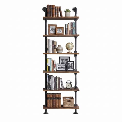 Industrial Wall Mounted Pipe Shelf 24inch Width Rustic Storage Wooden Shelves Vintage 6 Layers Book Shelf for Home Decor Office Living Room Bathroom Kitchen 79inch Height