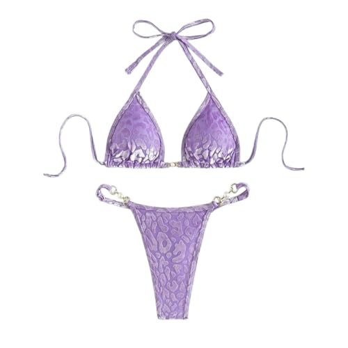 Fryloo bañador Conjunto De Bikini Impresión Leopardo Negro Las Mujeres, Halter Top & String Bottom con Hardware Perlas Y Oro, Trajes Baño Sexy para Vacaciones En La Piscina Playa-Purple Leopard-