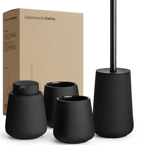 blackswedenhome. Badezimmer Set Schwarz - Hochwertiges Keramik Set - Seifenspender schwarzs, Zahnputzbecher, Toilettenbürste - Nordic Design, Badaccessoires matt, Seifenspender Bad