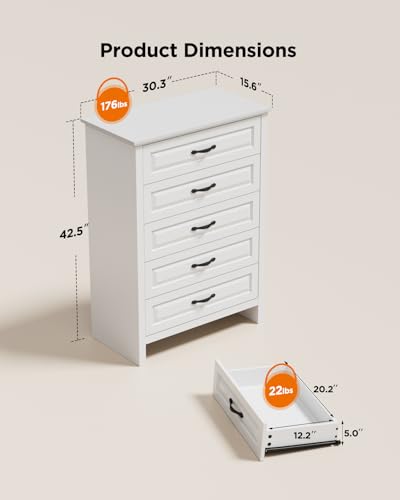 Pipishell Farmhouse 5 Drawer Dresser for Bedroom, 42.7" Tall Wood Rustic Chest of Drawers with Metal Handle, Modern Farmhouse Storgae Organizer with Large Drawers, White - Image 2
