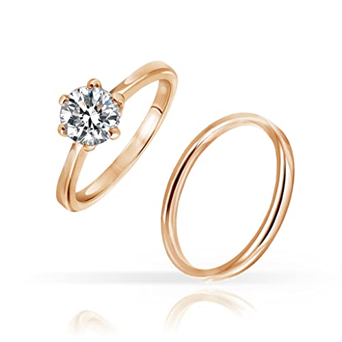 SILVERLINE JEWELRY Stainless Steel 2mm Wedding Band & Solitaire 7mm Round Cut Cubic Zirconia Promise Engagement Ring Set2