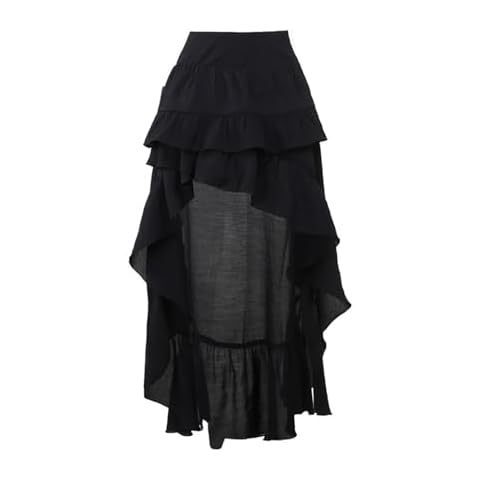 TOMETO STAR Goth Black Long Maxi Skirt for Women Asymmetrical Ruffle Renaissance Cover