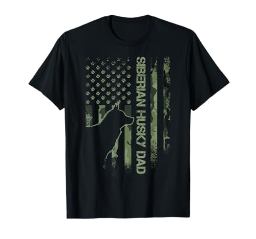 Vintage USA Camo Flag Proud Siberian Husky Dad Silhouette T-Shirt