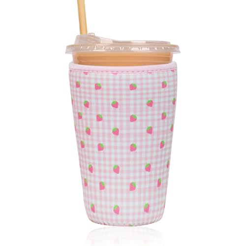 Image of Reusable Insulated Sleeve for Iced Coffee Cup, Coffee Neoprene Sleeve for Cold & Hot Drinks, Beverage Holder for Iced Coffee (Strawberry Grid, Large: 32oz)