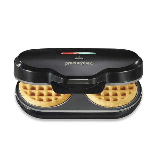 Proctor Silex Double Mini Waffle Maker Machine with 4” Round Non-stick Grids, Makes 2 Personalized...