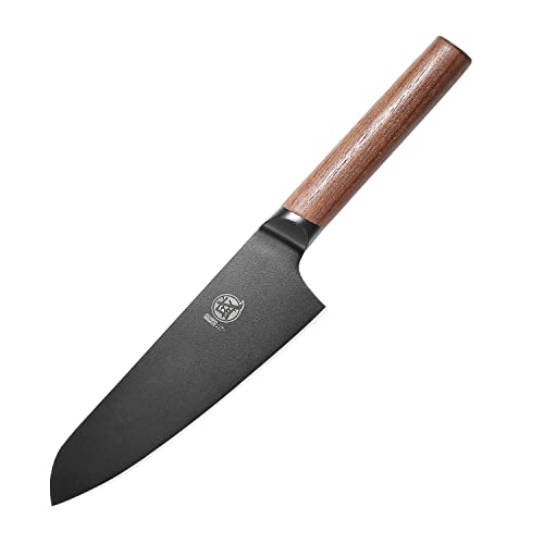 MITSUMOTO SAKARI Cuchillos Japoneses Profesionals, Cuchillo Santoku Profesional Recubierto de Titanio Negro, 17cm Cuchillos Cocina Sushi de Carne de Acero Alemán de Aleación Premium