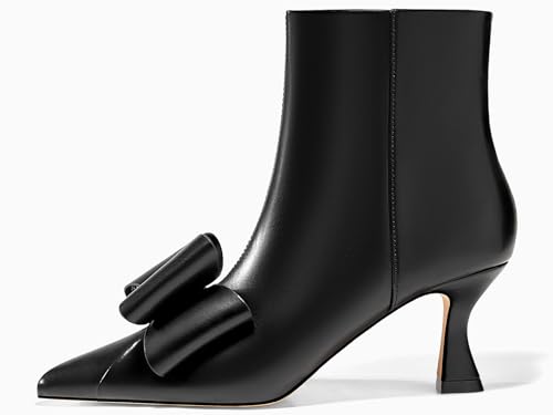 Coutgo Womens Low Kitten Heel Ankle Boots Rhinestone Bow Pointed Toe Side Zipper Dress Fall Booties Shoes4