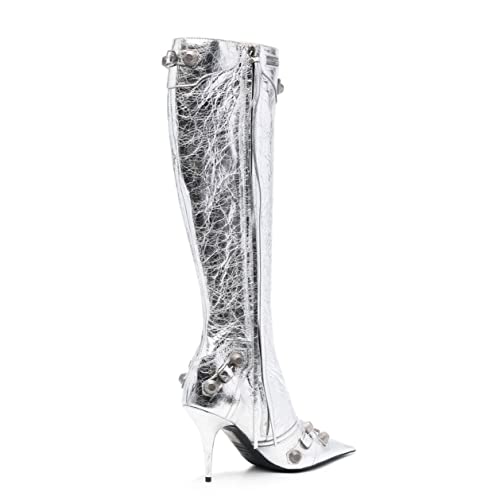 Arqa Metallic Silver Knee High Boots Pointed Toe Stiletto Heel Zipper Boot With Rivet,Slim Tassel Dress Boot For Women #TOP3