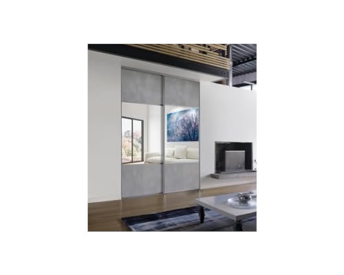 OPTIMUM Kit Portes de placard coulissantes - L180 cm x H250 cm - Décor Béton et miroir argent - Rail haut et bas - 2 amorti…