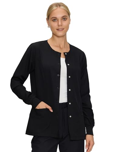 Scrub Jackets for Woman Snap Front Nurse Jacket with 3 Pockets Easy Care Soft Fabric Black M