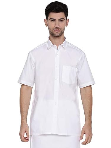 Image of RAMRAJ COTTON Mens Solid Regular Fit Half Sleeve Ethnic White Cotton Shirt