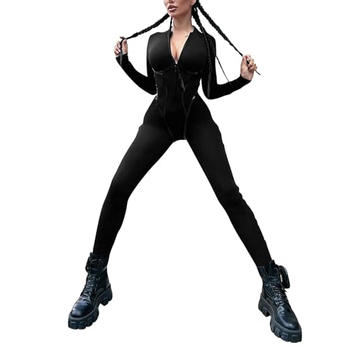 KBOPLEMQ Mono ajustado para mujer, con cremallera, para yoga, de manga larga, con cuello en V, de una pieza, para hacer deporte, para correr, ajustado, para correr, Negro , S