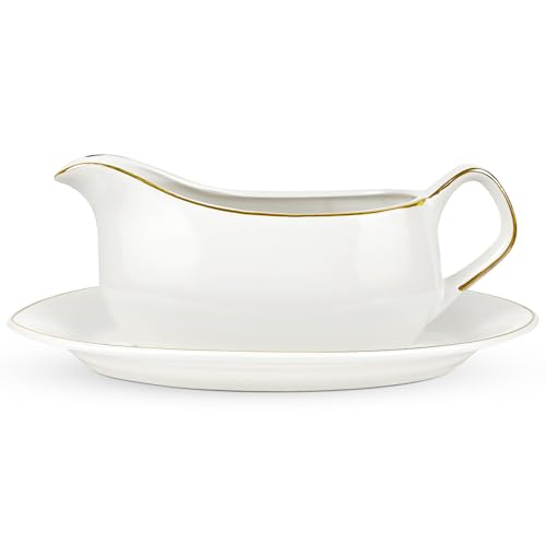 AZKEEGREY Saucière en porcelaine avec soucoupe, saucière en céramique avec plateau, carafe de service avec poignée pour cuisine et restaurant, blanc 400 ml