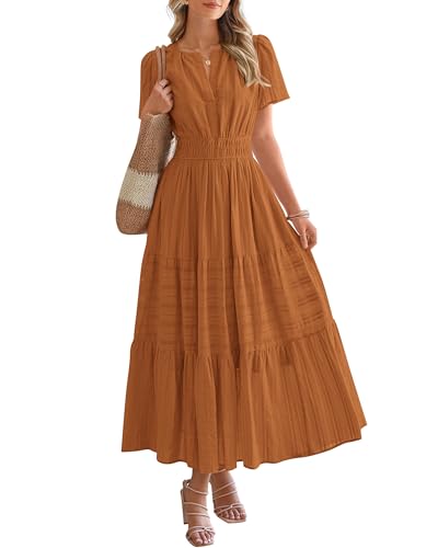 BTFBM Womens Summer 2026 Casual Midi Maxi Dresses Lightweight Short Sleeve V Neck Elastic Waist Boho Beach Dress Pockets(Brown Orange, Small)