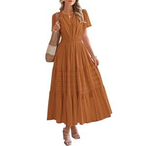 BTFBM Womens Summer 2025 Casual Midi Maxi Dresses Lightweight Short Sleeve V Neck Elastic Waist Boho Beach Dress Pockets