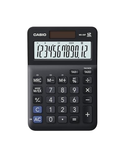 Casio Calculadora MS-20F, 12 Dígitos, Cálculo de Impuestos, Conversión de Moneda, Cambio de Signo, Energía Solar Batería