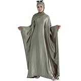 khalat Abaya Muslim Dress Women Satin Prayer Dress Batwing Long Sleeve Middle East Arabian Robe with Hijab Olive Green