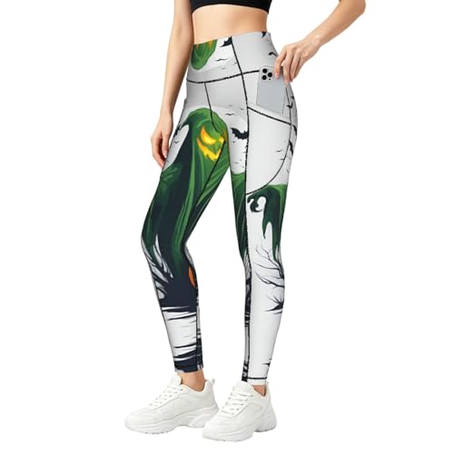 Leggings de Halloween con bolsillos Green Ghost de calabaza para mujer en fitness